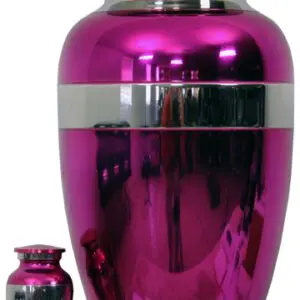 Shiny metallic magenta urn with a small matching keepsake urn.