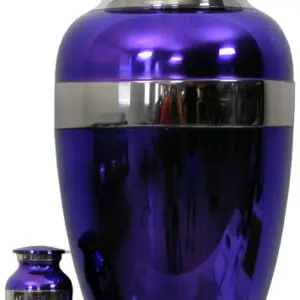 A tall, shiny purple urn with a smaller matching urn beside it.