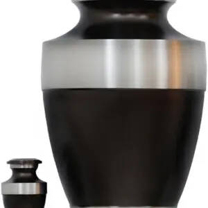 Two metallic urns with black and silver finishes.